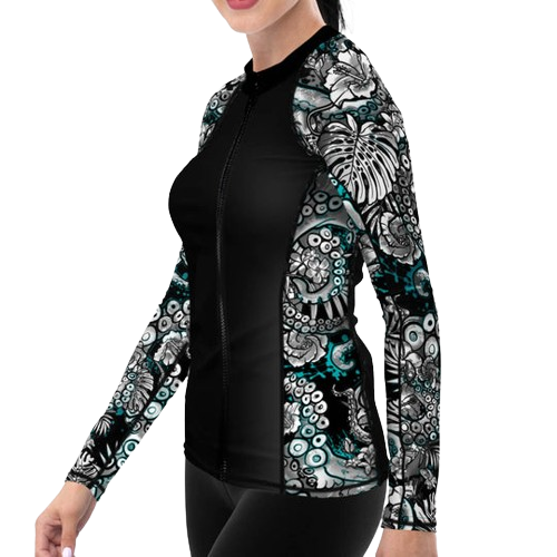 Eco-friendly Full Zip Up Electric Blue Octofloral Rashguard