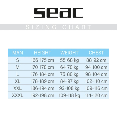 Seac Black Shark 3mm Men's Wetsuit Size Chart
