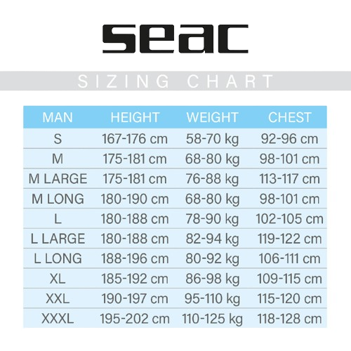 Seac Space Man 7mm Wetsuit Size Chart 