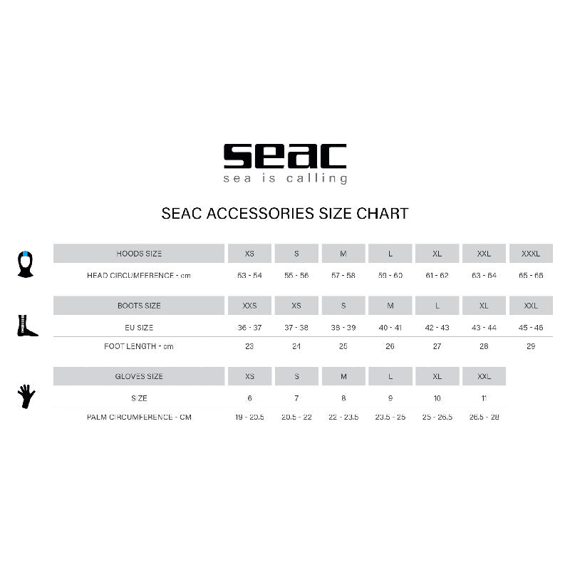 Seac Tekno Hood Size Chart