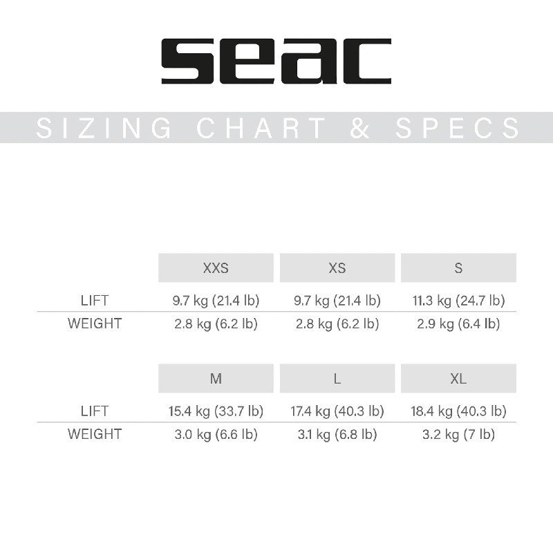 seac smart bcd size, lift, and weight chart